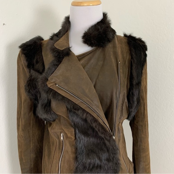 Sachin + Babi Leather Rabbit Fur Silk Jacket Brown Asymmetrical Zip - Picture 13 of 15